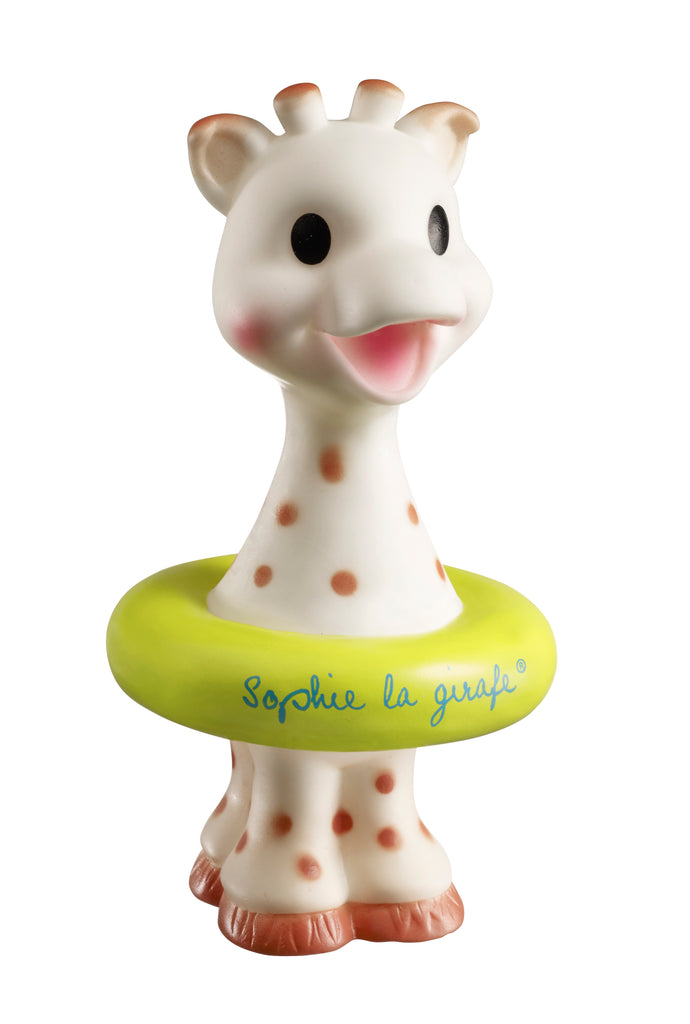 Sophie the giraffe bath toy with a round pool float and water squirter