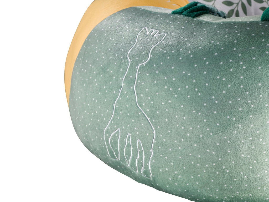 A close look at the patterns and design of the Sophie la Giraffe baby seat