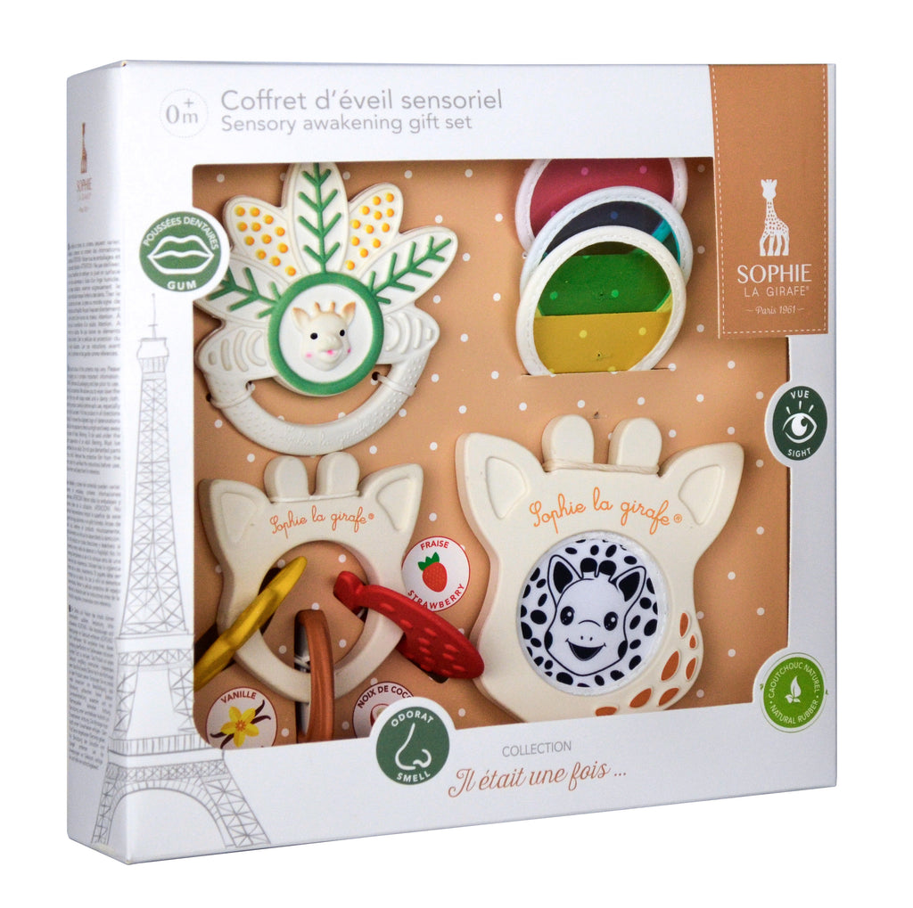 Sophie sensory awakening gift set with mille feuille teething ring, scented teethers, and magic mirror with color-tinted lenses