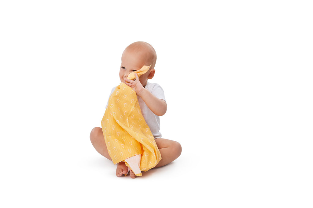 Baby with Sophie la Girafe swaddle