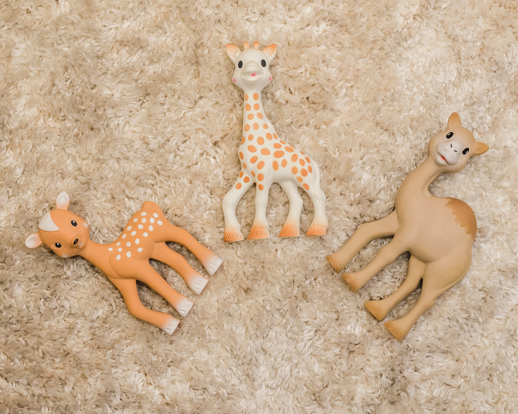 Sophie, fanfan, and althir teethers laid out