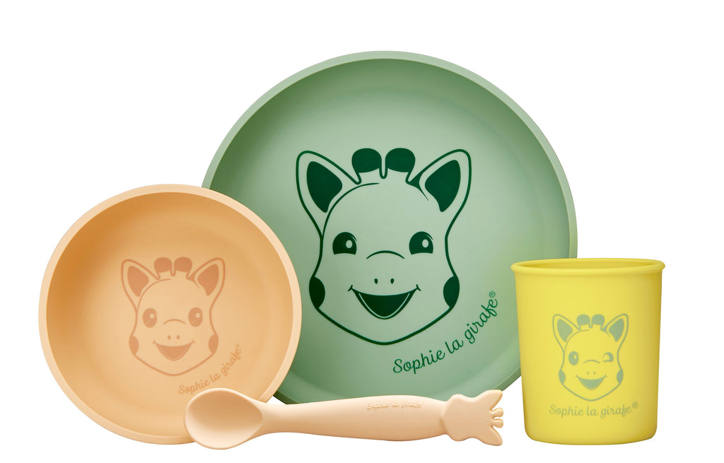 Sophie silicone meal set showing different faces of sophie the giraffe