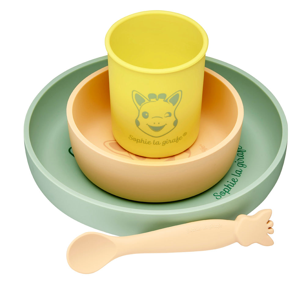 Sophie the giraffe silicone meal set with cup, bowl, dish, and spoon