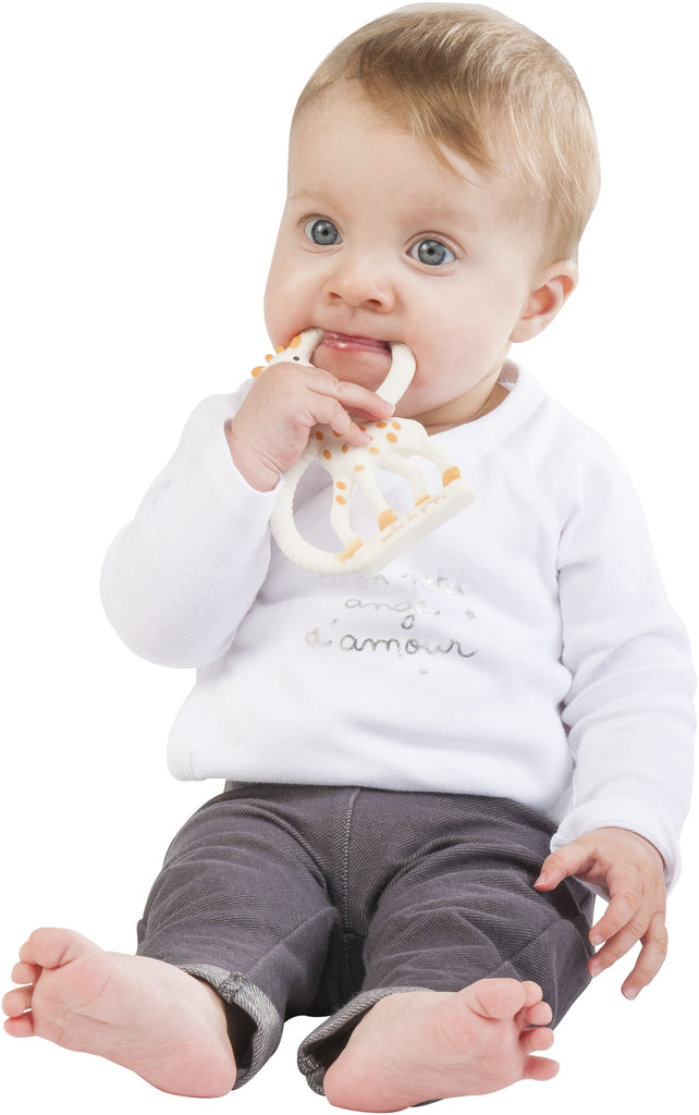 Baby teething on sophie the giraffe teething ring