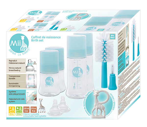 Mii sophie birth set box includes four baby bottles, two bottle nipples, a 2-in-1 cleaning brush, and sophie la girafe teething toy