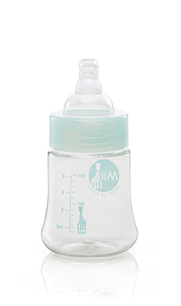 Mii sophie 5oz baby bottle with nipple showing measurements in ounces and milliliters