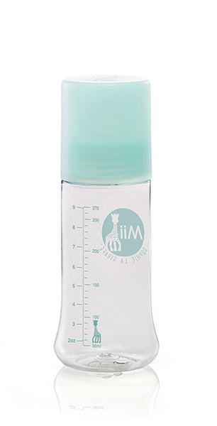 Mii sophie 9oz baby bottle with cap showing measurement lines in ounces and milliliters