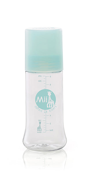 Mii sophie 9oz baby bottle with cap showing the Mii logo