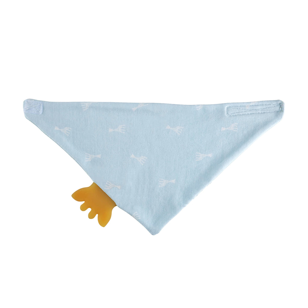 A blue bandana for toddlers featuring a teething rubber and Sophie the giraffe fabric