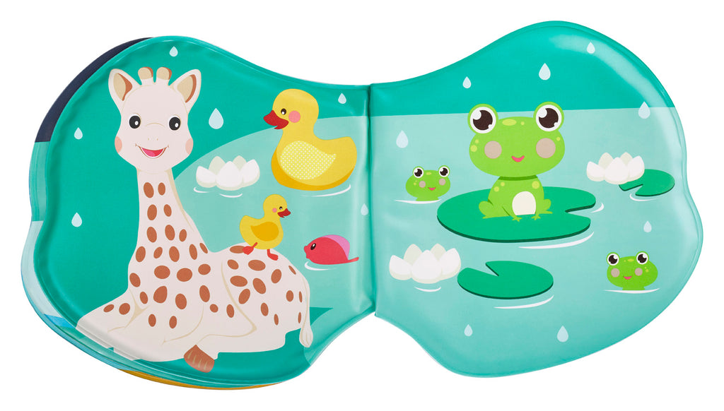 A colorful book for a baby's bath featuring Sophie the Giraffe, frogs, and ducks