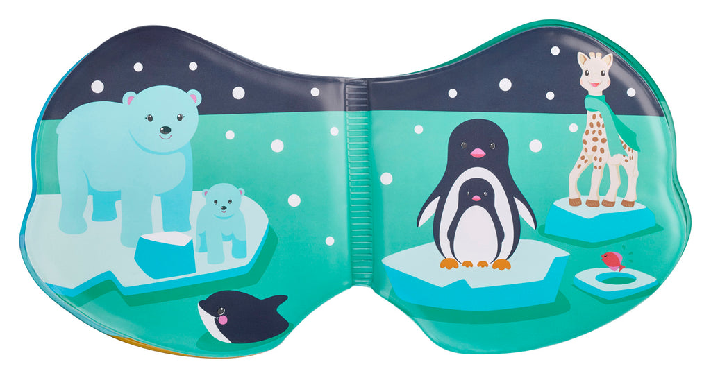 A baby bath book showing polar bears, penguins, whales, and Sophie the Giraffe in a snowscape