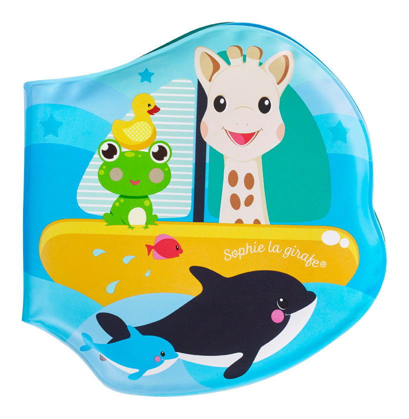 The front of a sophie the giraffe bath book