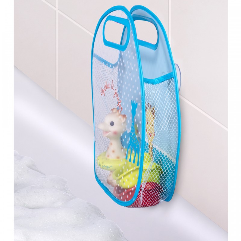 Sophie the giraffe bath set bag attached to a bathroom wall