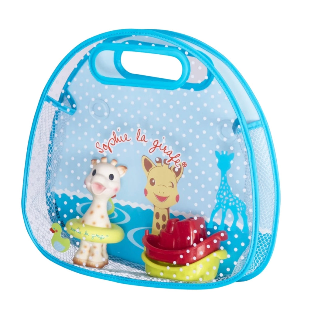 Sophie the giraffe bath toy and two toy boats in a decorated bag