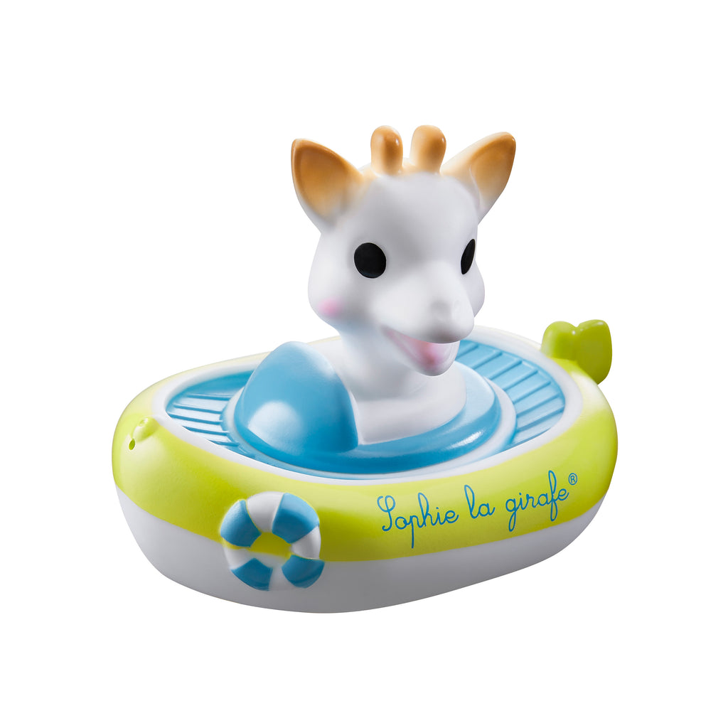 Sophie the giraffe in a boat bath toy for babies and toddlers