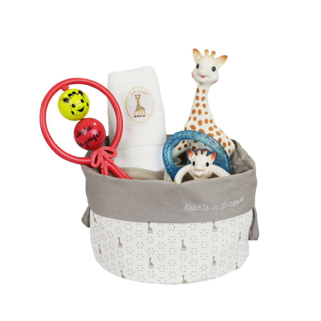 Newborn gift basket with Sophie the giraffe teething toy, ring teether, rattle, and towel 