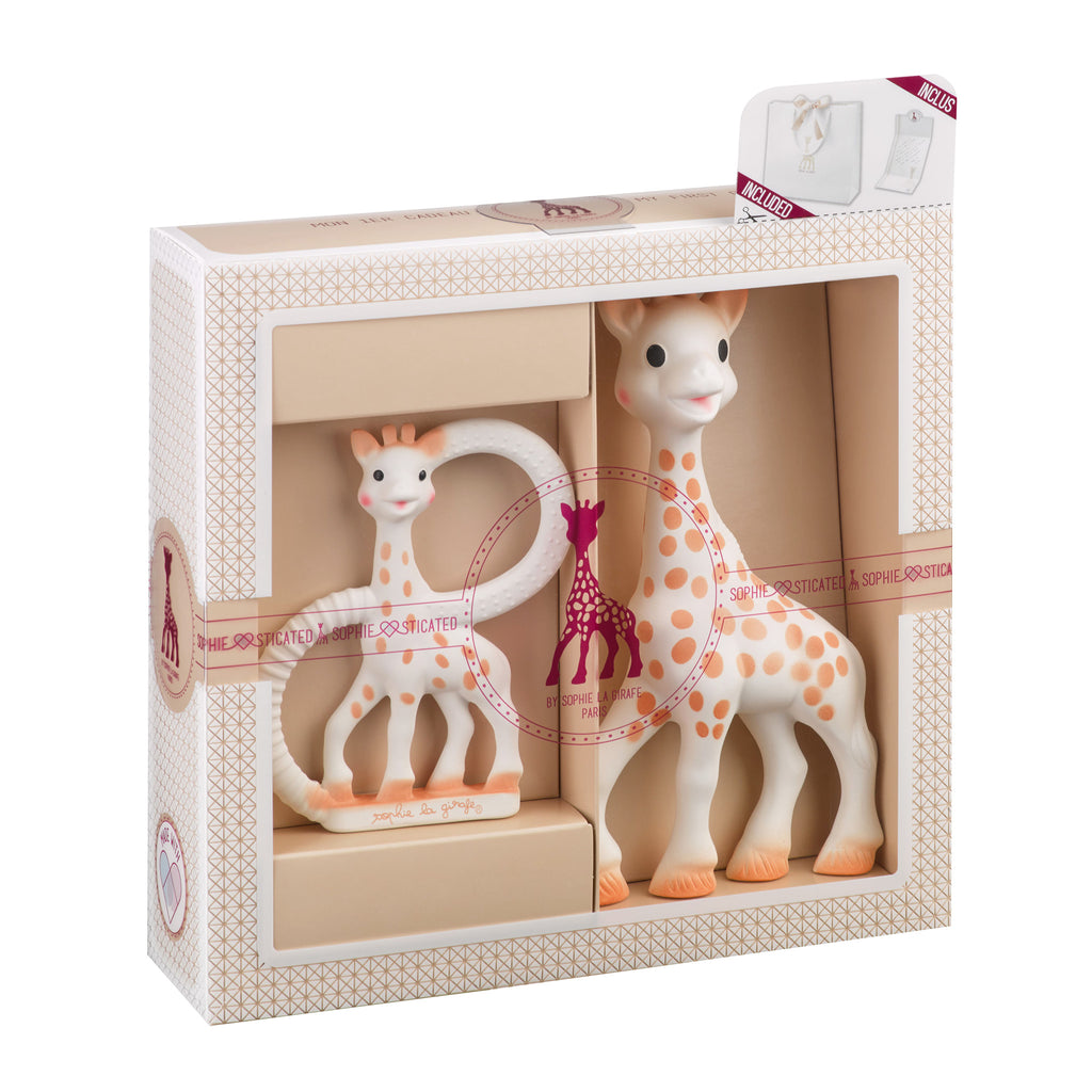 Sophie the giraffe newborn gift set with classic teething toy, dual ring teether, gift bag, and card