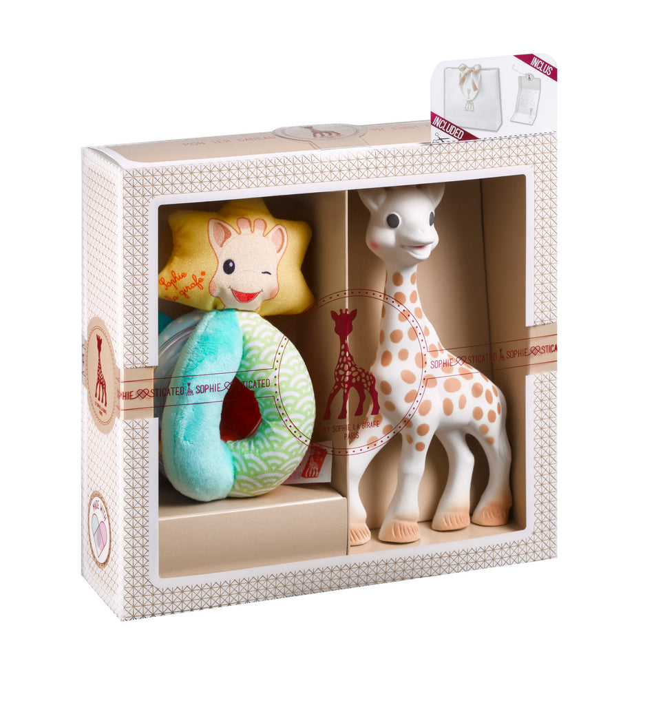 Sophie the giraffe newborn baby gift set with teething toy and rattle in box