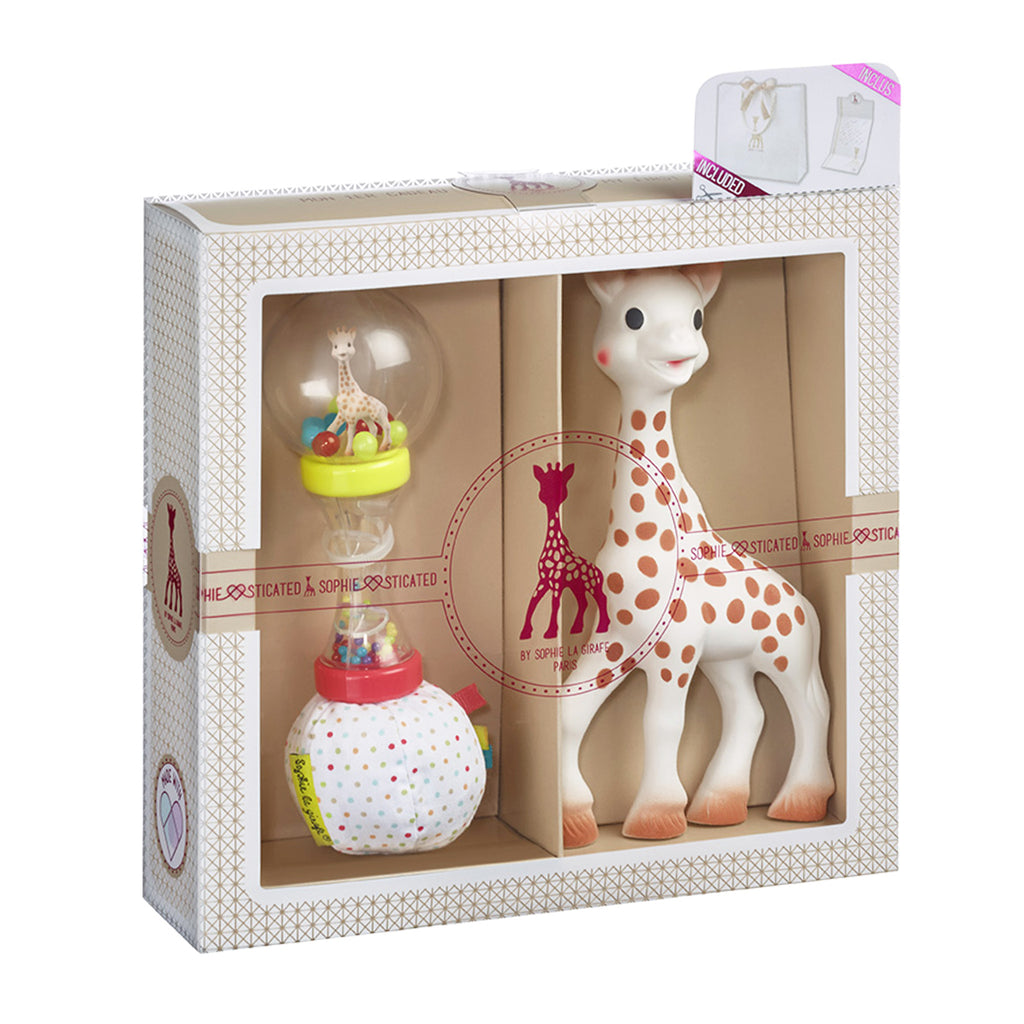 Sophie the giraffe gift set with teething toy and rattle in box