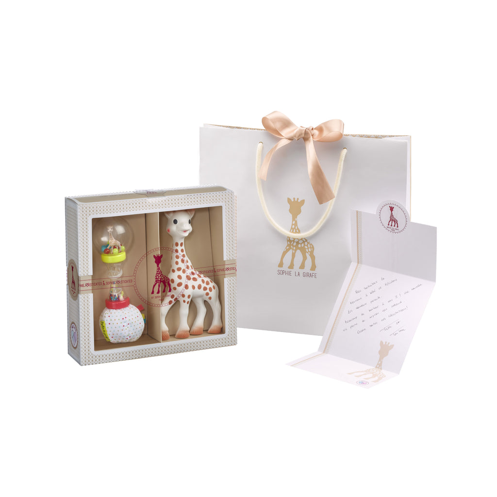 Sophie the giraffe classical gift set #4 for newborns. Includes toys, gift bag, and card.