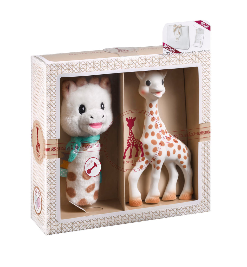 Sophie the giraffe classical gift set #5 with teething toy and soft rattle in box