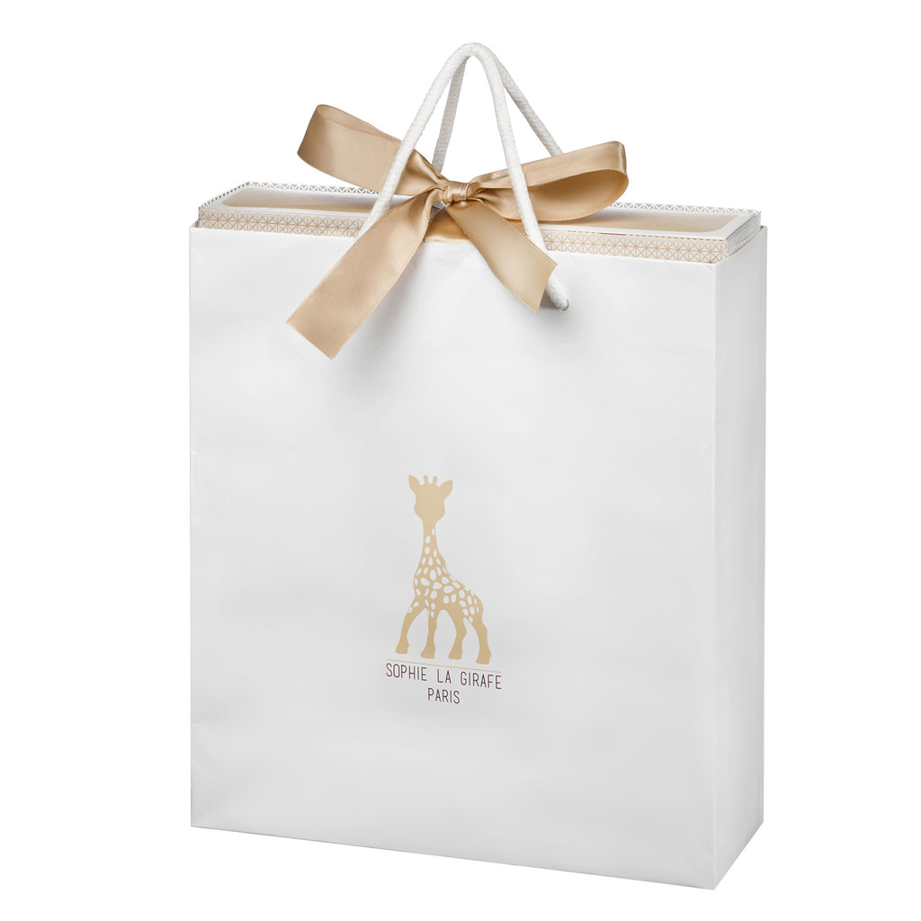 sophie the giraffe elegant white gift bag with gold ribbon