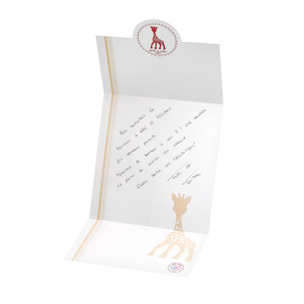 A newborn baby gift card written in french from Sophie la girafe