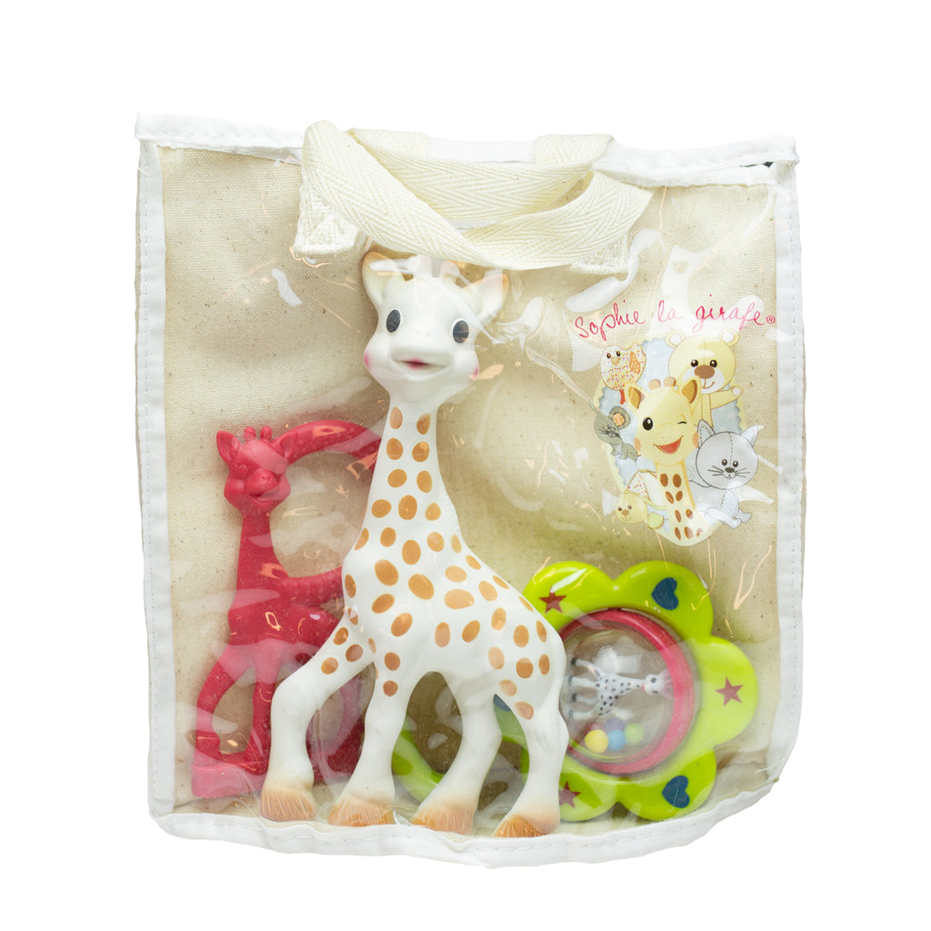 Sophie the giraffe gift set in cotton bag with classic teething toy, mini teething ring, and rattle