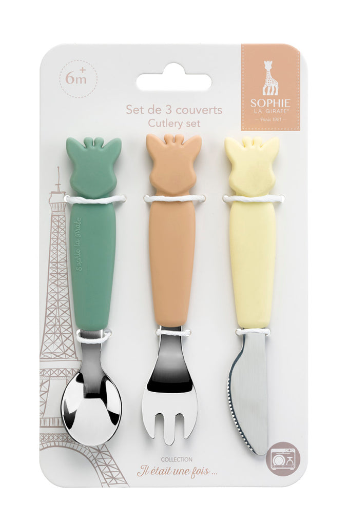 sophie the giraffe colorful cutlery set with spoon, fork, and knife for baby and toddler