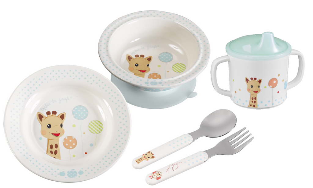 Sophie the giraffe dish set balloon version with plate, bowl, cup, fork, and spoon for baby and toddler feeding