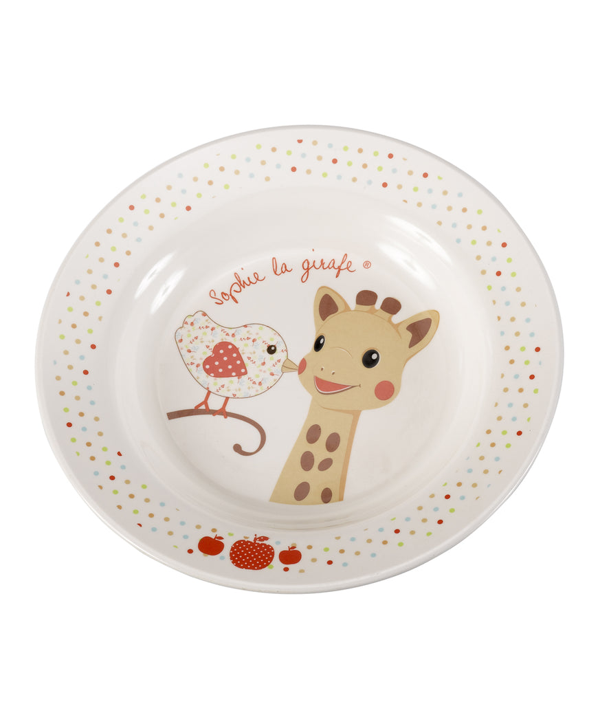 Baby plate with sophie the giraffe and kiwi the bird print