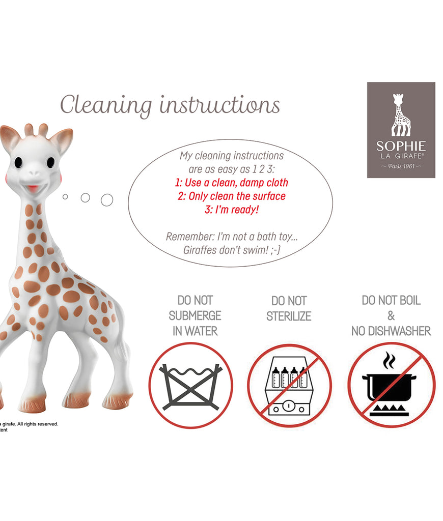 Cleaning instructions for sophie the giraffe teething toy