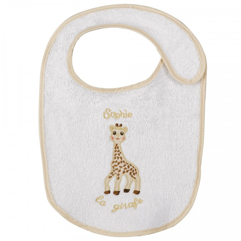 White bib with image of sophie the giraffe