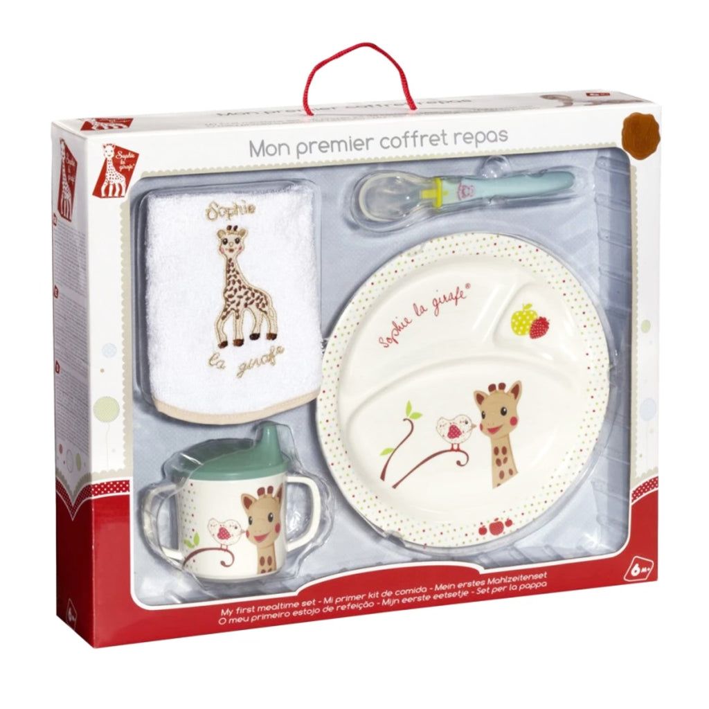 Sophie the giraffe mealtime set for babies and toddlers in box