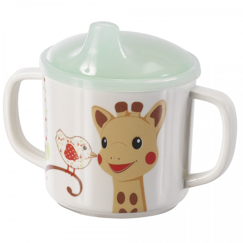 Sippy cup with two handles and design with sophie the giraffe and kiwi the bird design