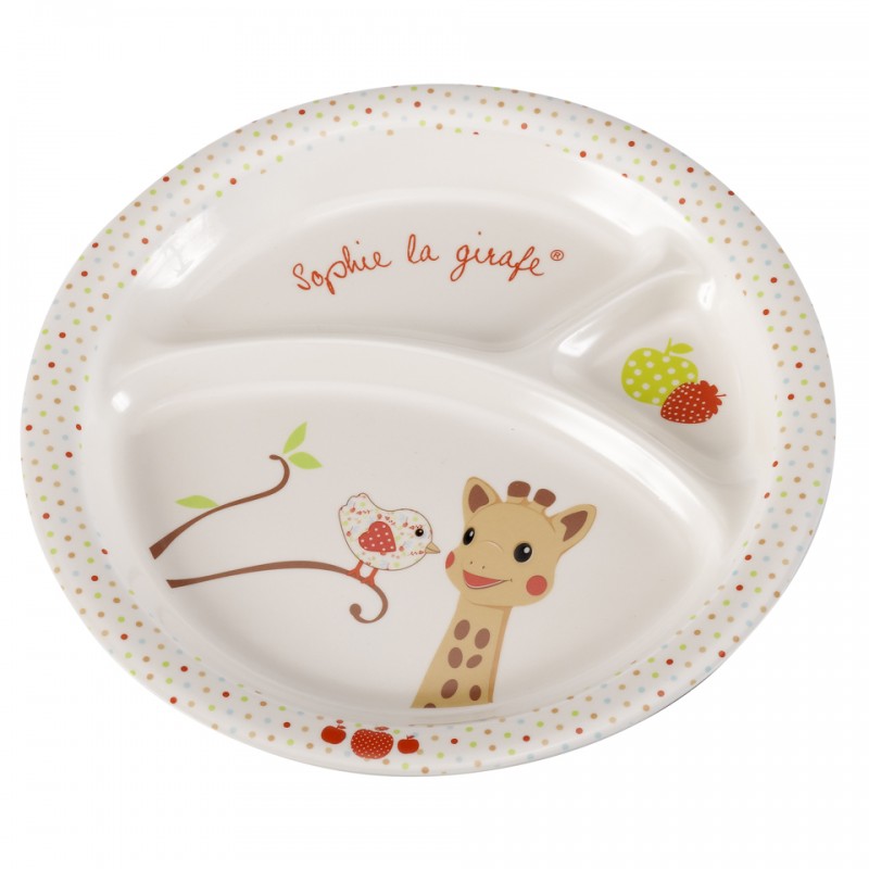 White meal plate with sophie the giraffe and kiwi the bird design for babies