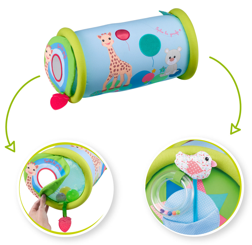 Rollin sophie with sensory textures, crumpling paper, balls, and rattle