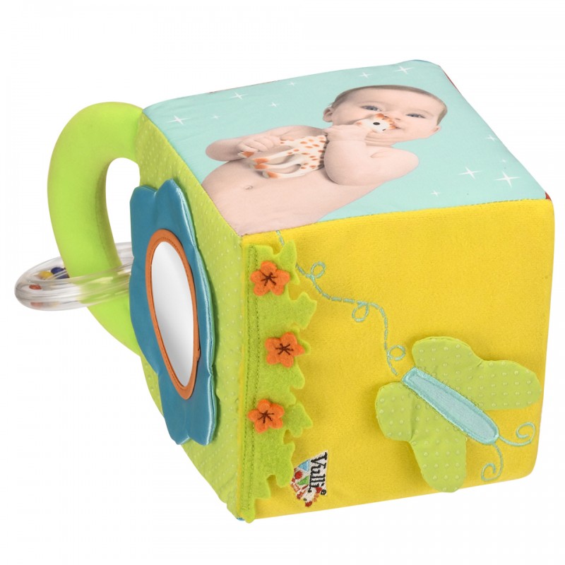 Alternate angle of sophie sensitiv'cube with mirror, image of baby, and butterfly toy