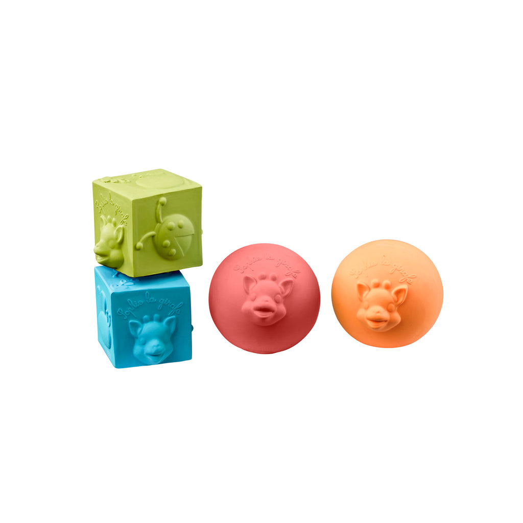 Sophie so'pure set of 2 balls and 2 blocks in green, blue, red, and orange for baby