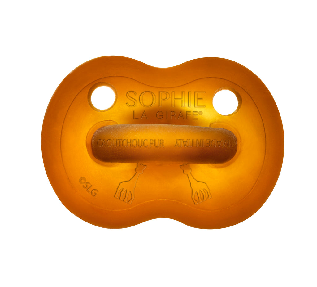 The front view of the so'pure natural pacifier showing sophie the giraffe