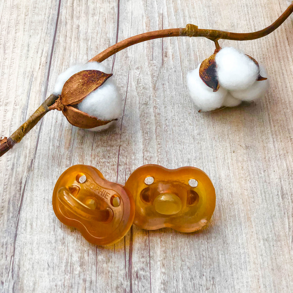 Two sophie so'pure natural pacifiers laying on wood next to cotton plant