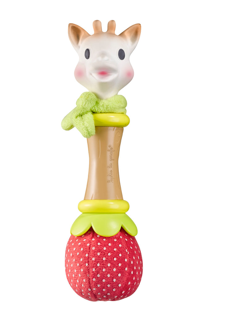 sophie so'pure natur'soft rattle shaped like sophie the giraffe and a strawberry