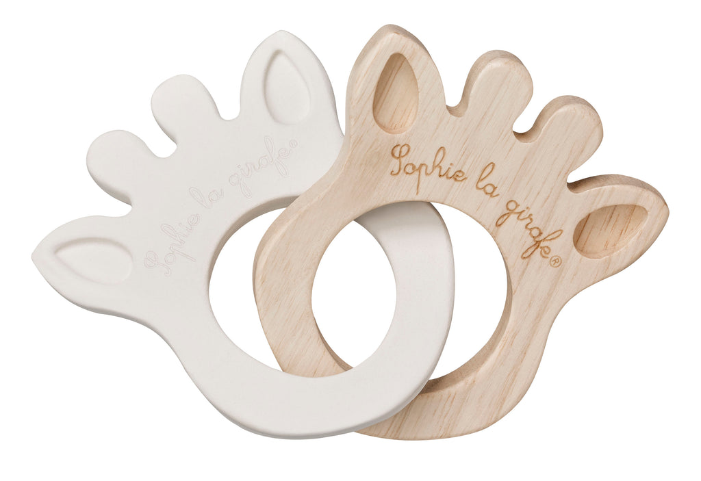 So'pure silhouette rings in the shape of sophie the giraffe made from wood and natural rubber