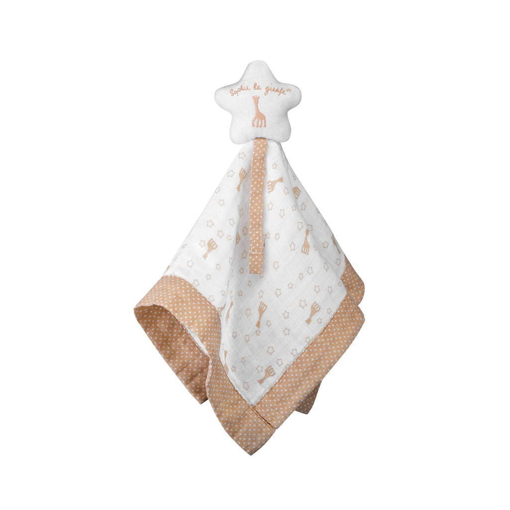 White and beige lovey with star comforter and pacifier holder with sophie la girafe print