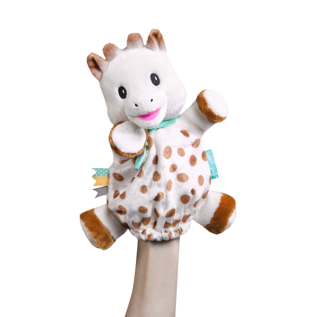 Sophie the giraffe as a cute hand puppet comforter for babies and toddlers