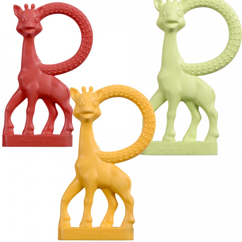 Sophie the giraffe vanilla scented teether in three colors: red, green, and yellow